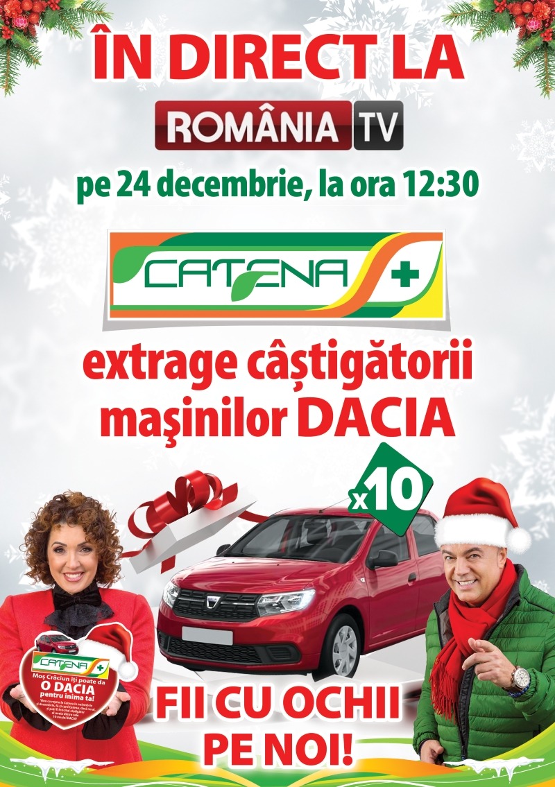 Urmareste in direct la Romania TV, pe 24 decembrie, ora 12:30, extragerea castigatorilor masinilor Dacia oferite de Catena!